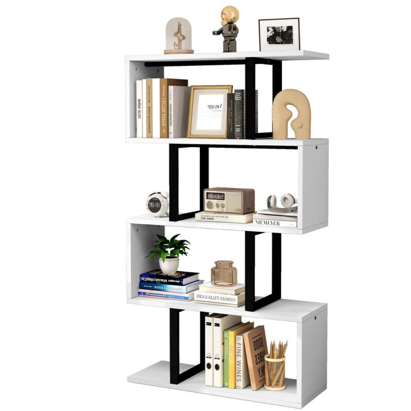 Dextrus 5-Tier S-Shaped Bookshelf, Geometric Bookcase Wooden Z-Shelf Storage Modern Open Shelving, Freestanding Display Bookshelf for Living Room Home Office, White - Image 3