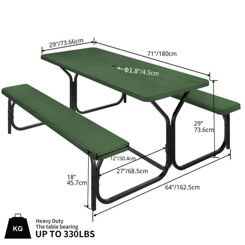 Dextrus 6  Metal Picnic Table with Umbrella Hole, Green - Image 5
