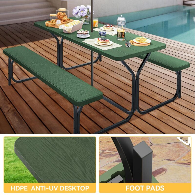 Dextrus 6  Metal Picnic Table with Umbrella Hole, Green - Image 3