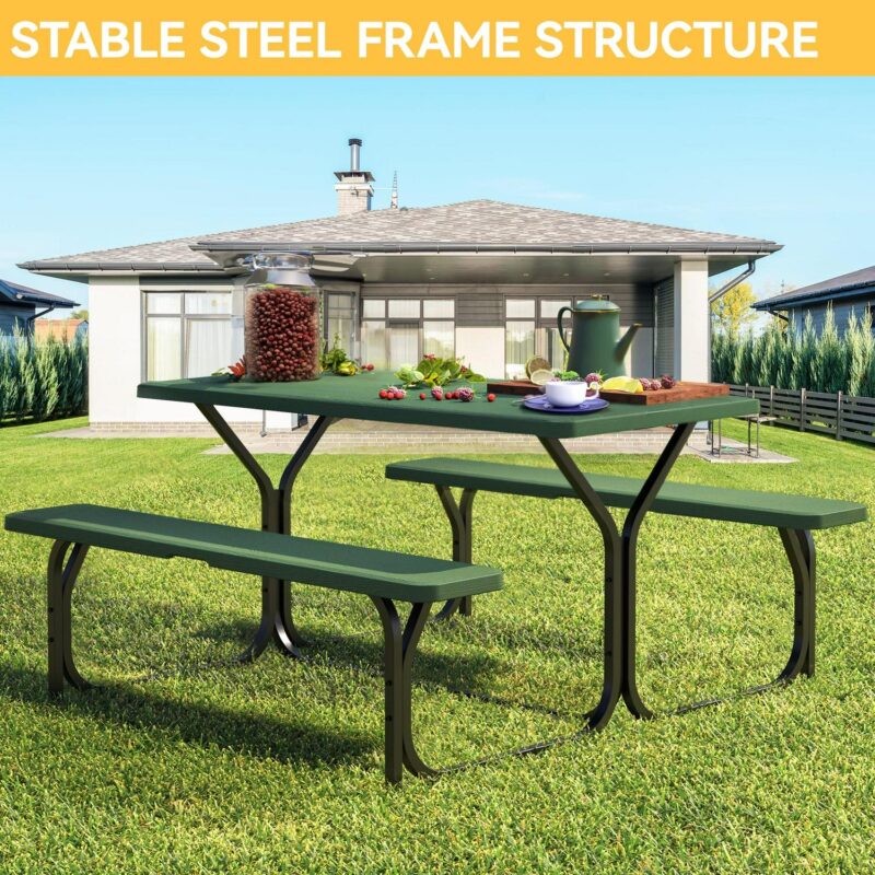 Dextrus 6  Metal Picnic Table with Umbrella Hole, Green - Image 4