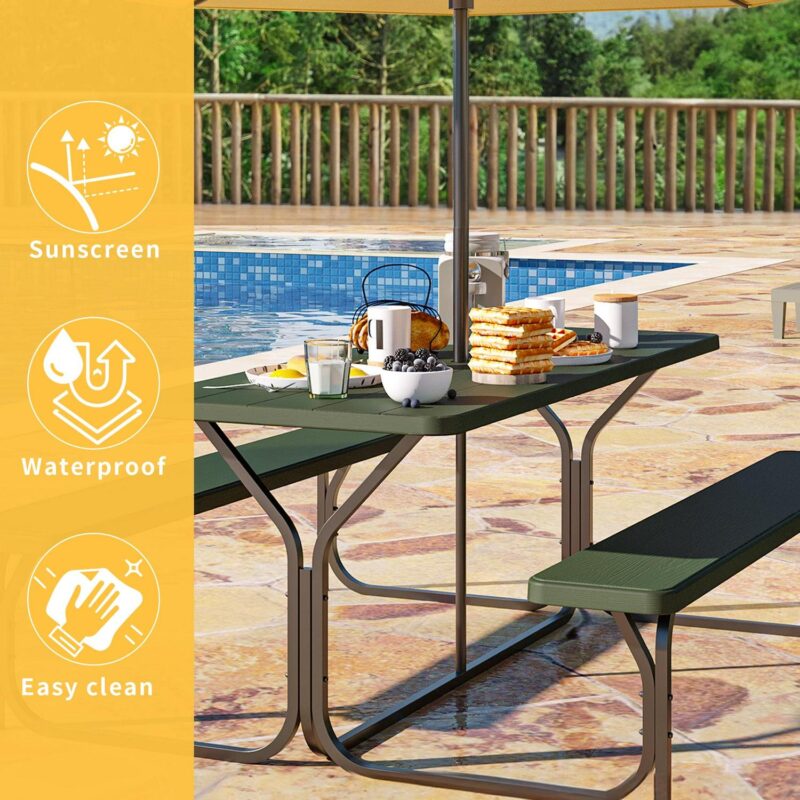 Dextrus 6  Metal Picnic Table with Umbrella Hole, Green - Image 2