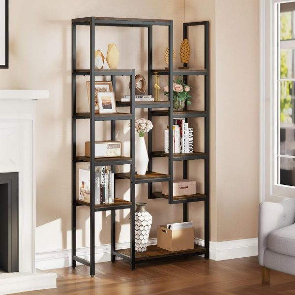 Dextrus 6 Tier Bookshelf, Tall Modern Free Standing Bookcase with 12 Shelf, Open Display Shelf Storage Book for Office Home, Black and Brown