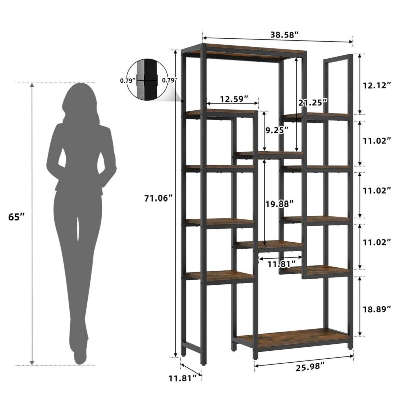 Dextrus 6 Tier Bookshelf, Tall Modern Free Standing Bookcase with 12 Shelf, Open Display Shelf Storage Book for Office Home, Black and Brown - Image 7