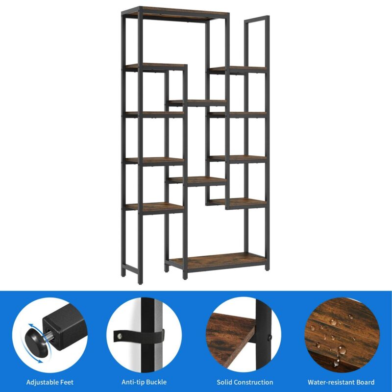 Dextrus 6 Tier Bookshelf, Tall Modern Free Standing Bookcase with 12 Shelf, Open Display Shelf Storage Book for Office Home, Black and Brown - Image 4