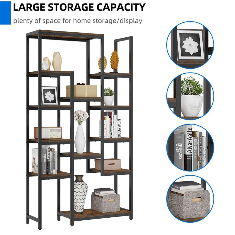 Dextrus 6 Tier Bookshelf, Tall Modern Free Standing Bookcase with 12 Shelf, Open Display Shelf Storage Book for Office Home, Black and Brown - Image 3