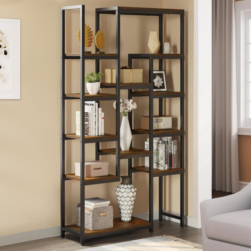 Dextrus 6 Tier Bookshelf, Tall Modern Free Standing Bookcase with 12 Shelf, Open Display Shelf Storage Book for Office Home, Black and Brown - Image 6