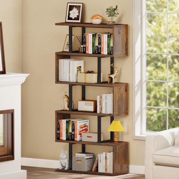 Dextrus 6-Tier S-Shaped Bookshelf , Geometric Tall Bookcase Wooden, Open Display Storage Rack Shelves Freestanding Z-Shelf Open Shelf for Living Room Home Office, Brown
