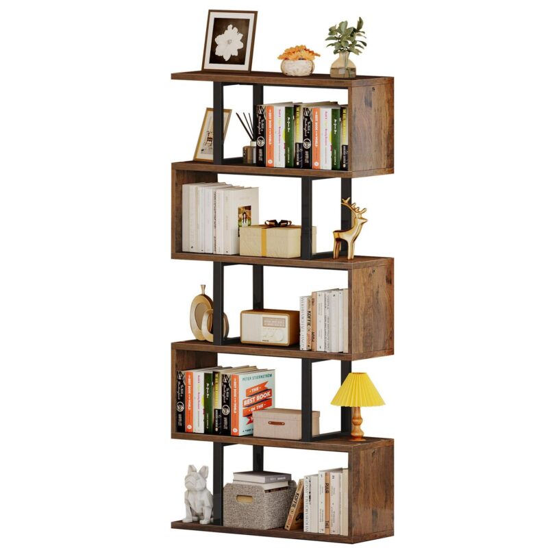 Dextrus 6-Tier S-Shaped Bookshelf , Geometric Tall Bookcase Wooden, Open Display Storage Rack Shelves Freestanding Z-Shelf Open Shelf for Living Room Home Office, Brown - Image 4