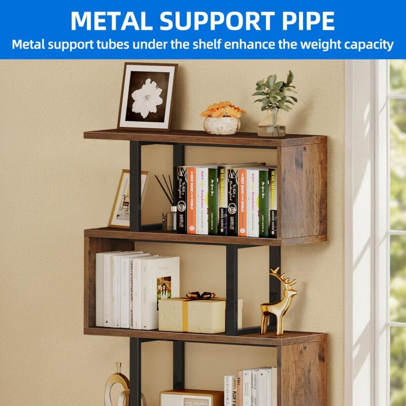 Dextrus 6-Tier S-Shaped Bookshelf , Geometric Tall Bookcase Wooden, Open Display Storage Rack Shelves Freestanding Z-Shelf Open Shelf for Living Room Home Office, Brown - Image 6