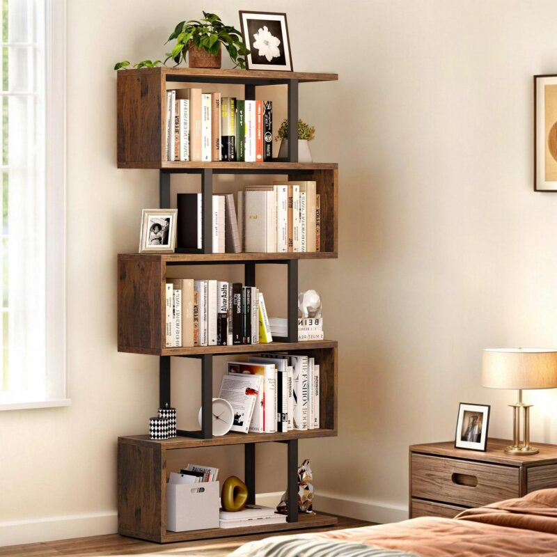 Dextrus 6-Tier S-Shaped Bookshelf , Geometric Tall Bookcase Wooden, Open Display Storage Rack Shelves Freestanding Z-Shelf Open Shelf for Living Room Home Office, Brown - Image 3