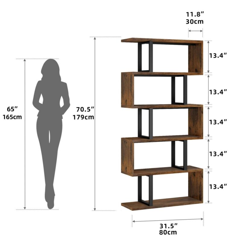 Dextrus 6-Tier S-Shaped Bookshelf , Geometric Tall Bookcase Wooden, Open Display Storage Rack Shelves Freestanding Z-Shelf Open Shelf for Living Room Home Office, Brown - Image 8