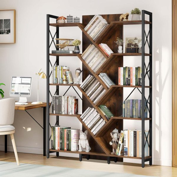 Dextrus 70.8  Tall Bookshelf and Bookcase, Industrial 5 Tier Large Bookshelves, Standing Tree Book Shelves Organizer Wide Display Rack for Living Room,Bedroom, Home Office, Rustic Brown
