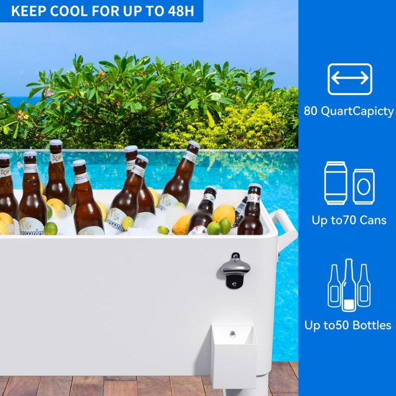Dextrus 80 Quart Outdoor Rolling Cooler Cart with Bottle Opener Drainage, Portable Beverage Rolling Cart on Wheels, White - Image 4