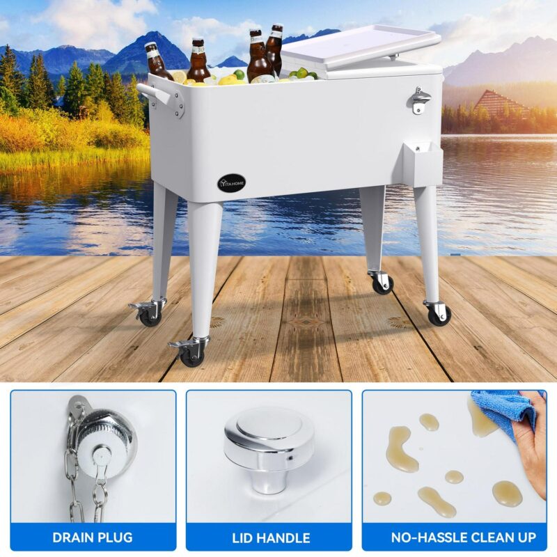 Dextrus 80 Quart Outdoor Rolling Cooler Cart with Bottle Opener Drainage, Portable Beverage Rolling Cart on Wheels, White - Image 3