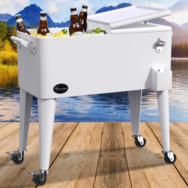 Dextrus 80 Quart Outdoor Rolling Cooler Cart with Bottle Opener Drainage, Portable Beverage Rolling Cart on Wheels, White