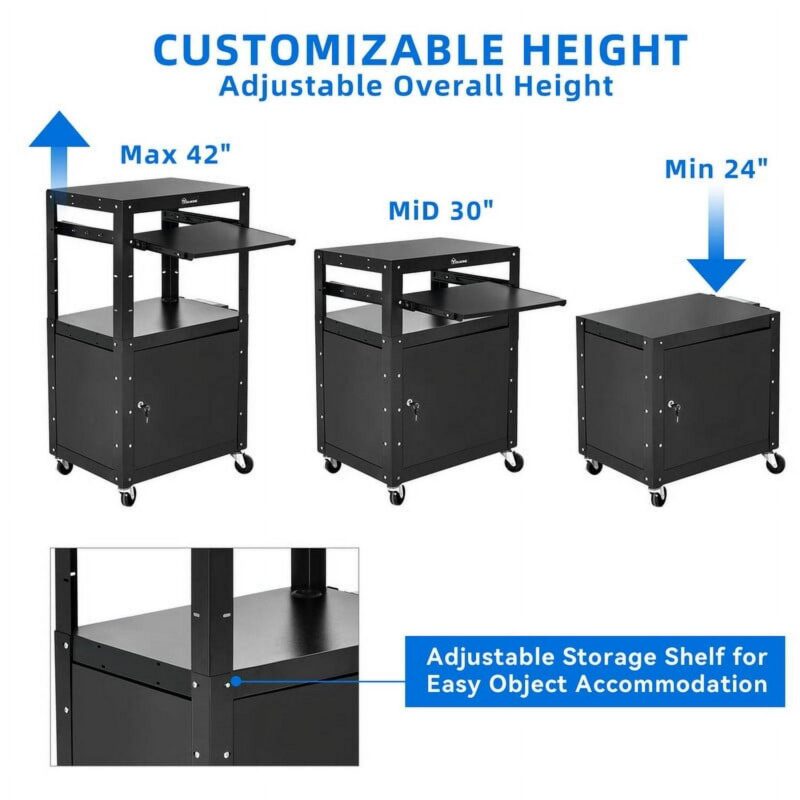 Dextrus AV Presentation Cart Stand for Video Projector, TV, Printers, Metal Rolling Storage Cart with Adjustable Shelves, 16.4ft Cord, Black - Image 6