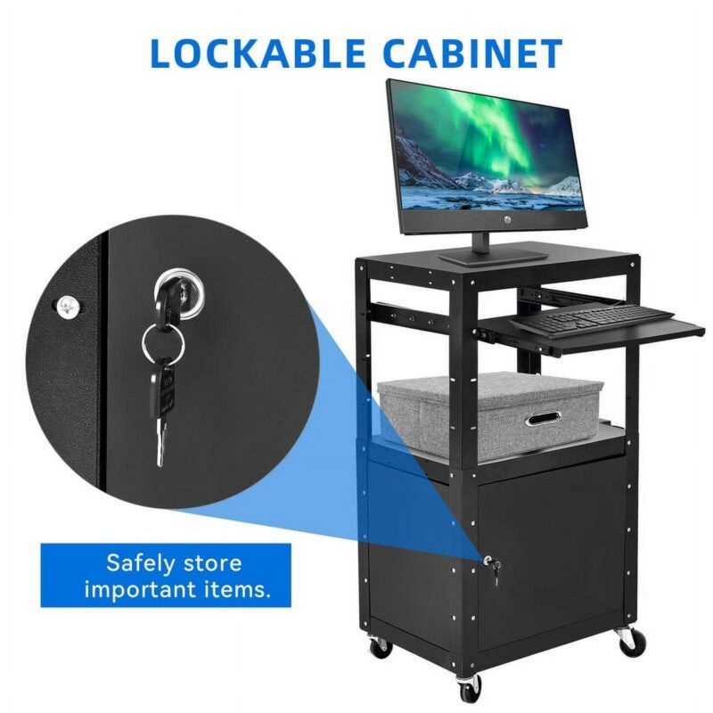 Dextrus AV Presentation Cart Stand for Video Projector, TV, Printers, Metal Rolling Storage Cart with Adjustable Shelves, 16.4ft Cord, Black - Image 2