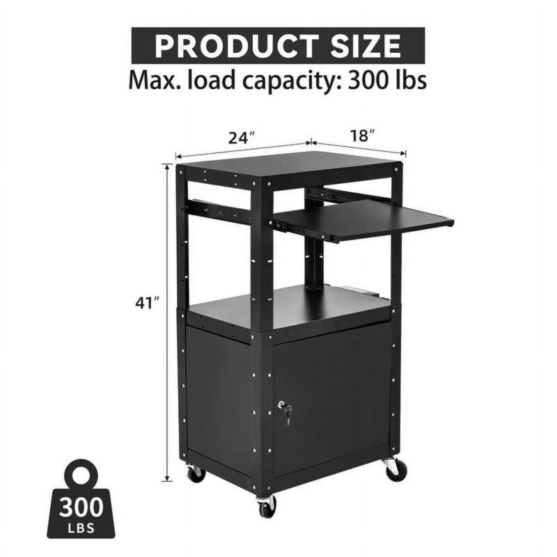 Dextrus AV Presentation Cart Stand for Video Projector, TV, Printers, Metal Rolling Storage Cart with Adjustable Shelves, 16.4ft Cord, Black - Image 4