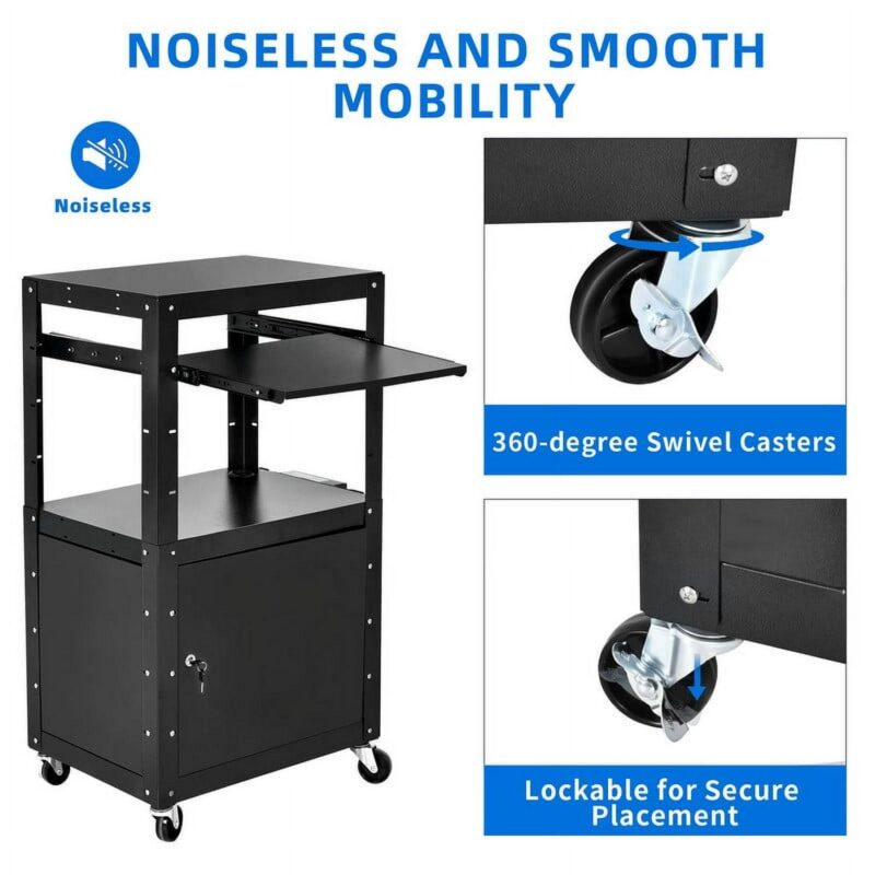 Dextrus AV Presentation Cart Stand for Video Projector, TV, Printers, Metal Rolling Storage Cart with Adjustable Shelves, 16.4ft Cord, Black - Image 5