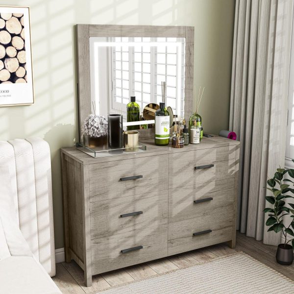 Dextrus Bedroom Furniture, Twin Dresser with Mirror, Six-Drawer Storage Unit, Bedroom Storage Drawer Unit, Dimensions 47.2  W x 15.7  D x 31.5  H, Maple Gray