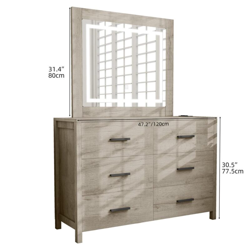 Dextrus Bedroom Furniture, Twin Dresser with Mirror, Six-Drawer Storage Unit, Bedroom Storage Drawer Unit, Dimensions 47.2  W x 15.7  D x 31.5  H, Maple Gray - Image 3