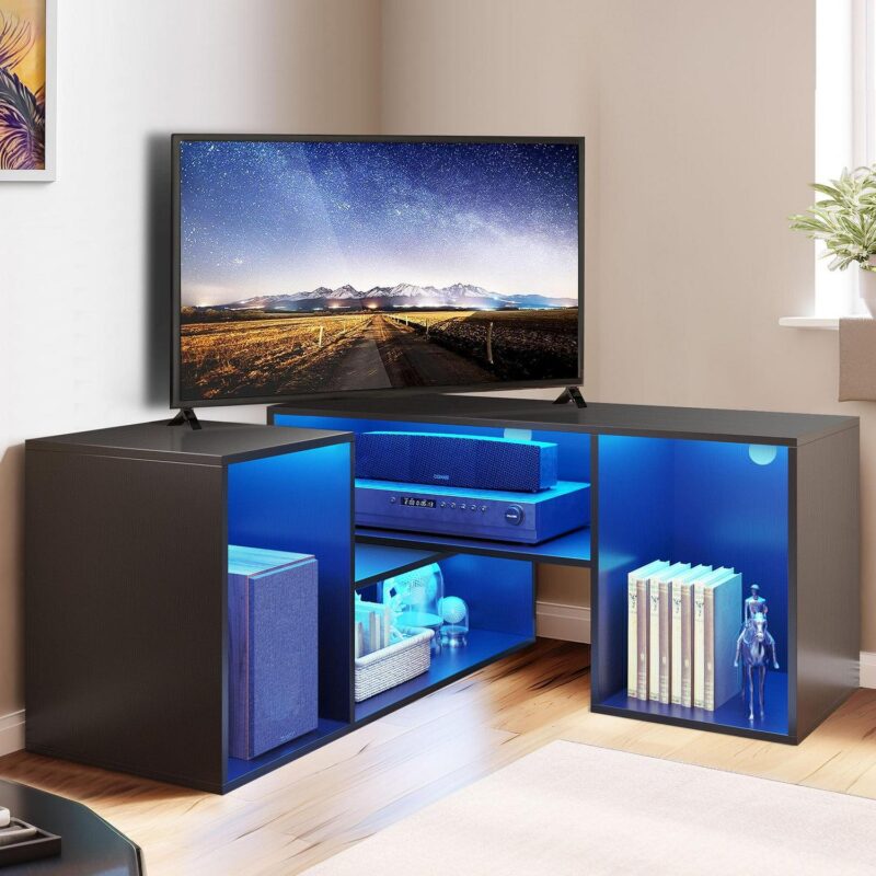 Dextrus DIY Deformable TV Stand with LED Strip, Modern Entertainment Center, 2 PCS Media Console Cabinet for 45 - 70 inch TVs, Black - Image 4