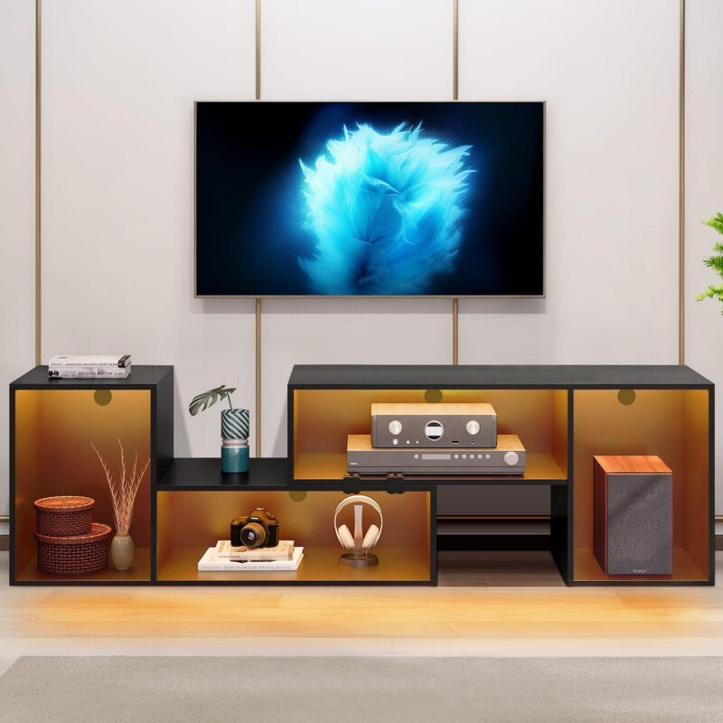 Dextrus DIY Deformable TV Stand with LED Strip, Modern Entertainment Center, 2 PCS Media Console Cabinet for 45 - 70 inch TVs, Black - Image 2