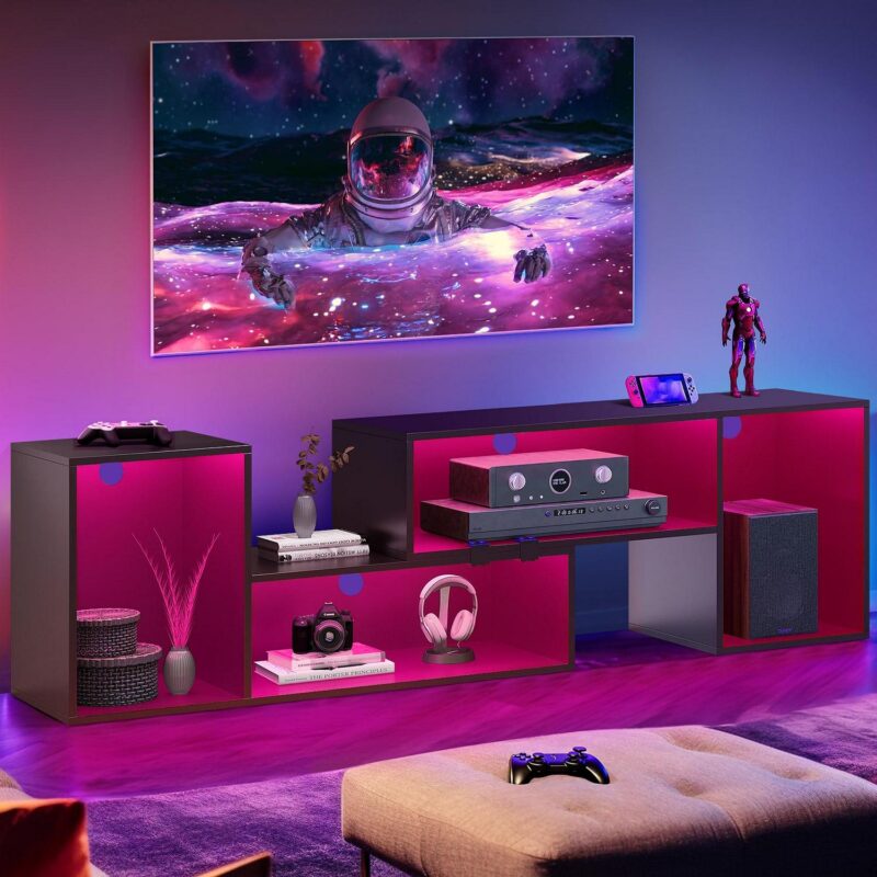 Dextrus DIY Deformable TV Stand with LED Strip, Modern Entertainment Center, 2 PCS Media Console Cabinet for 45 - 70 inch TVs, Black - Image 3