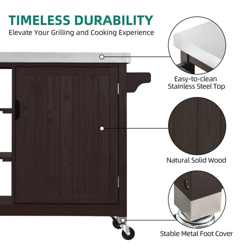 Dextrus Grill Carts Outdoor With Storage Cabinet and Wheels, Solid Wood Kitchen Island,Bar Cart - Image 7