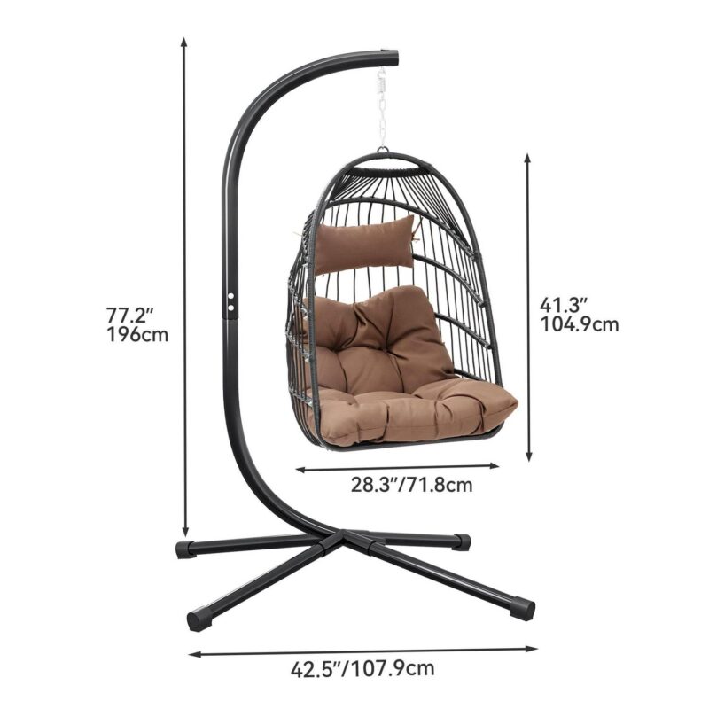 Dextrus Hanging Egg Swing Chair Outdoor Wicker Hammock Chairs Indoor with Steel Stand UV Resistant Cushion 350lbs for Patio, Bedroom, Garden and Balcony, Brown - Image 3