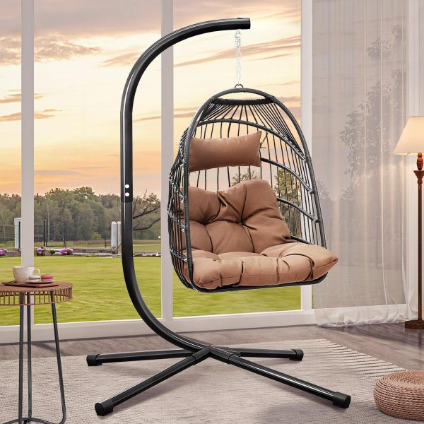 Dextrus Hanging Egg Swing Chair Outdoor Wicker Hammock Chairs Indoor with Steel Stand UV Resistant Cushion 350lbs for Patio, Bedroom, Garden and Balcony, Brown