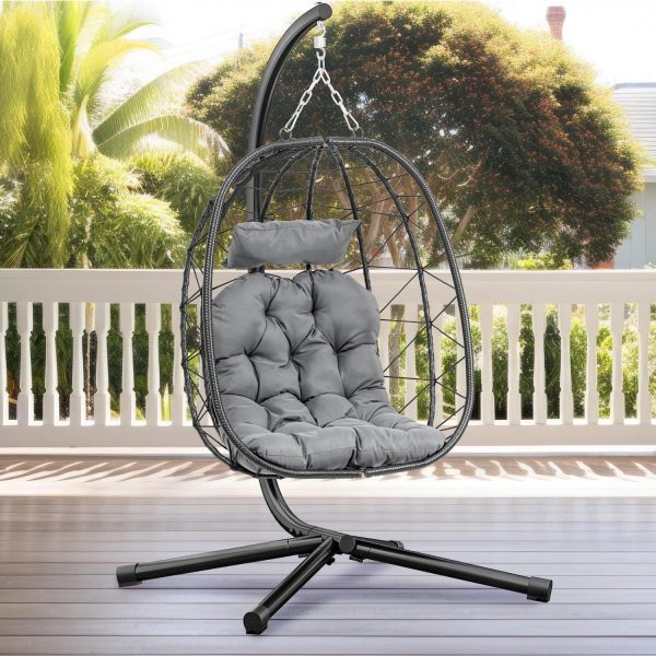Dextrus Hanging Egg Chair with Stand Swing Chair Wicker Indoor Outdoor Hammock Egg Chair with Cushions 330lbs for Patio, Bedroom, Garden and Balcony, Dark Gray