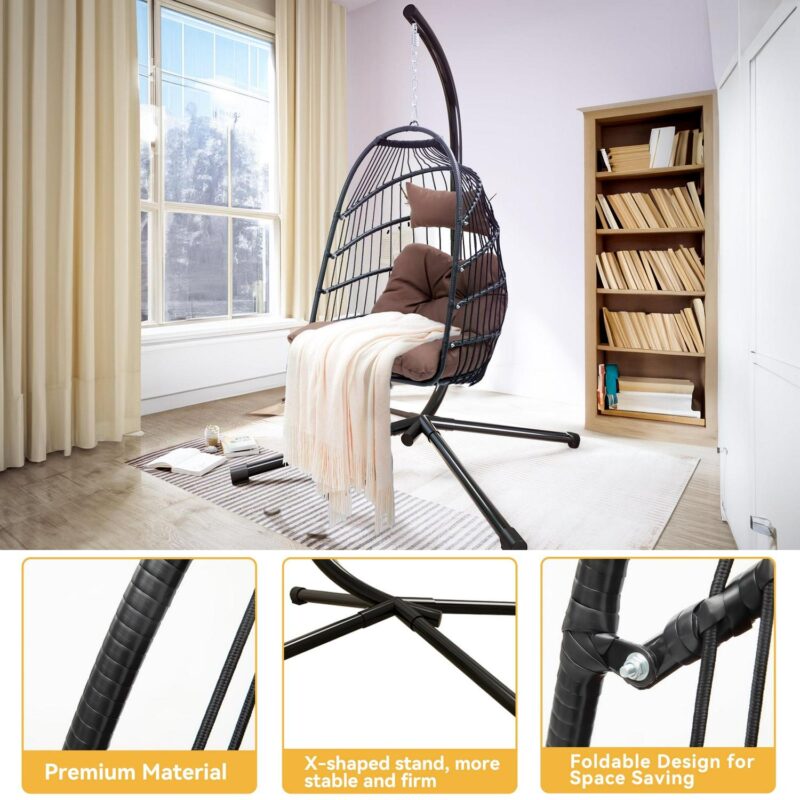 Dextrus Hanging Egg Swing Chair Outdoor Wicker Hammock Chairs Indoor with Steel Stand UV Resistant Cushion 350lbs for Patio, Bedroom, Garden and Balcony, Brown - Image 6