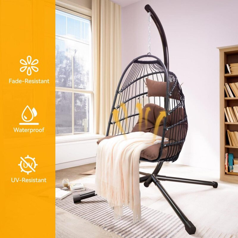 Dextrus Hanging Egg Swing Chair Outdoor Wicker Hammock Chairs Indoor with Steel Stand UV Resistant Cushion 350lbs for Patio, Bedroom, Garden and Balcony, Brown - Image 5