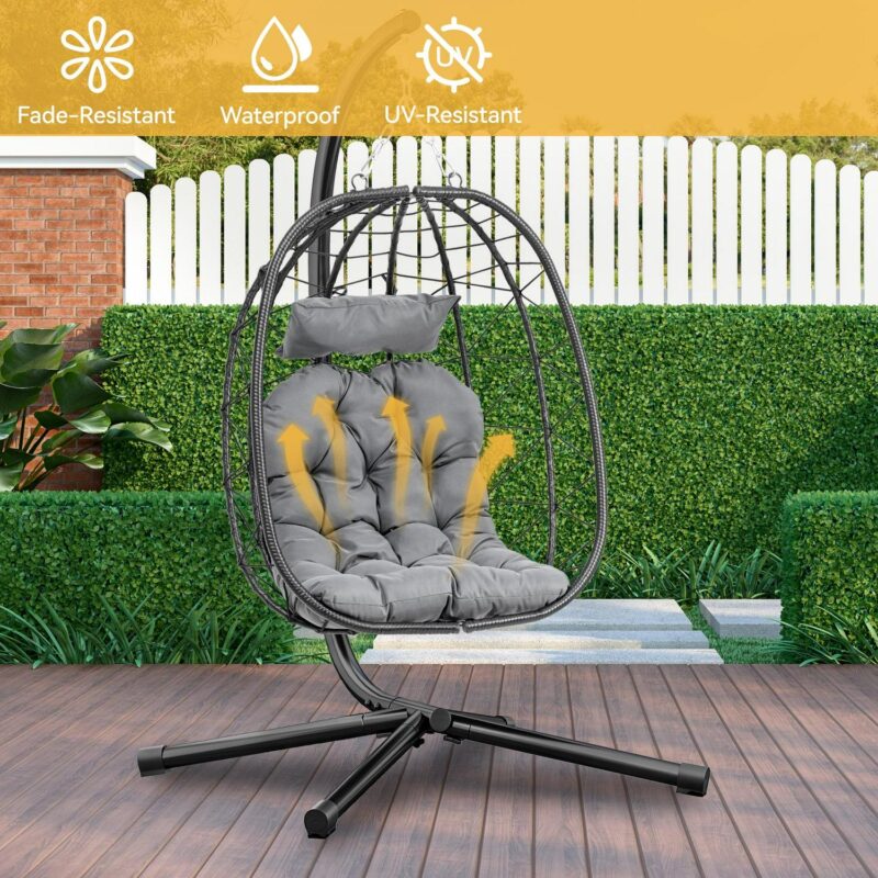 Dextrus Hanging Egg Chair with Stand Swing Chair Wicker Indoor Outdoor Hammock Egg Chair with Cushions 330lbs for Patio, Bedroom, Garden and Balcony, Dark Gray - Image 4