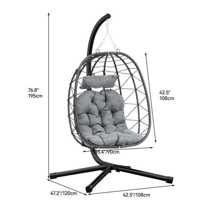 Dextrus Hanging Egg Chair with Stand Swing Chair Wicker Indoor Outdoor Hammock Egg Chair with Cushions 330lbs for Patio, Bedroom, Garden and Balcony, Dark Gray - Image 3