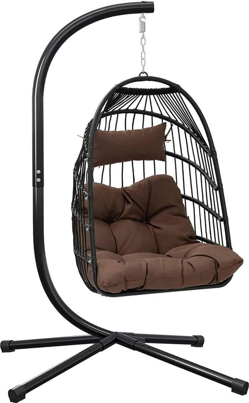Dextrus Hanging Egg Swing Chair Outdoor Wicker Hammock Chairs Indoor with Steel Stand UV Resistant Cushion 350lbs for Patio, Bedroom, Garden and Balcony, Brown - Image 4