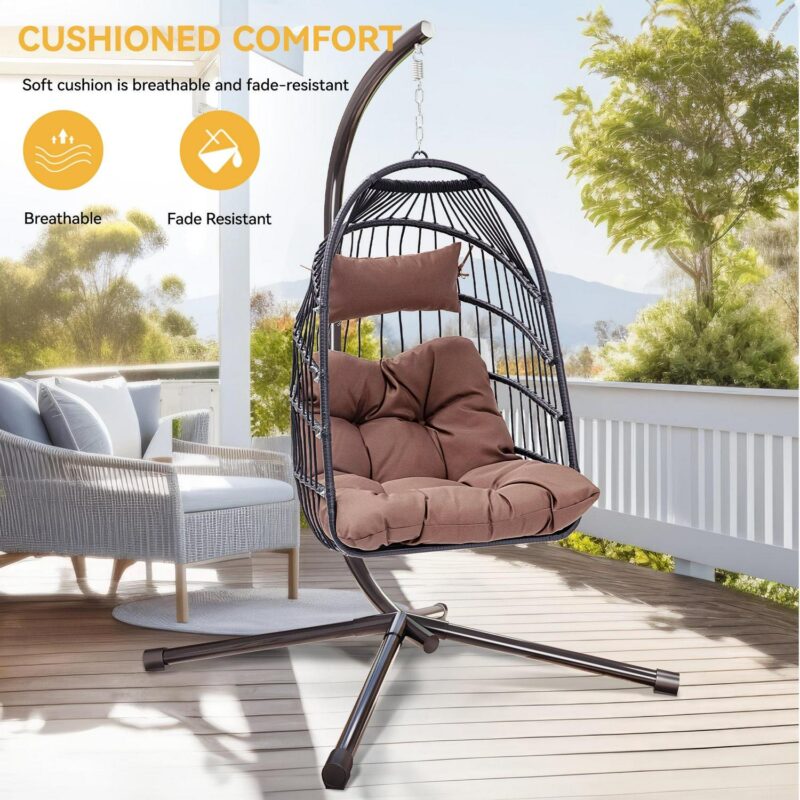 Dextrus Hanging Egg Swing Chair Outdoor Wicker Hammock Chairs Indoor with Steel Stand UV Resistant Cushion 350lbs for Patio, Bedroom, Garden and Balcony, Brown - Image 2