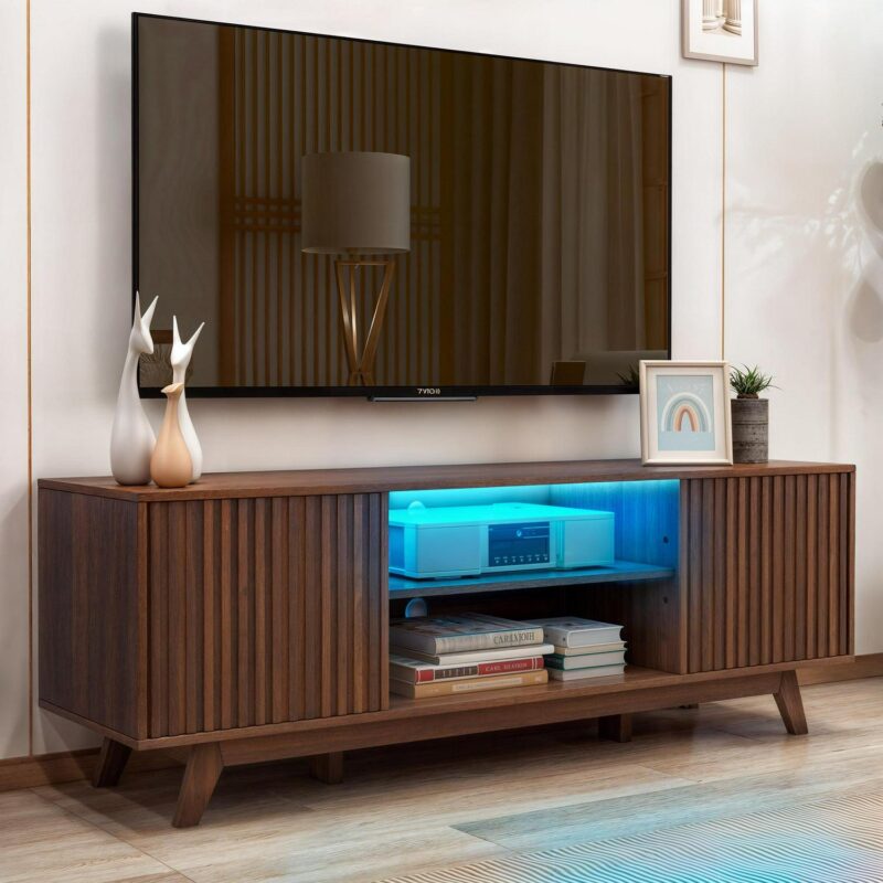 Dextrus LED TV Stand for TVs up to 65 inch, Farmhouse TV Entertainment Center Cabinet for Living Room, Walnut