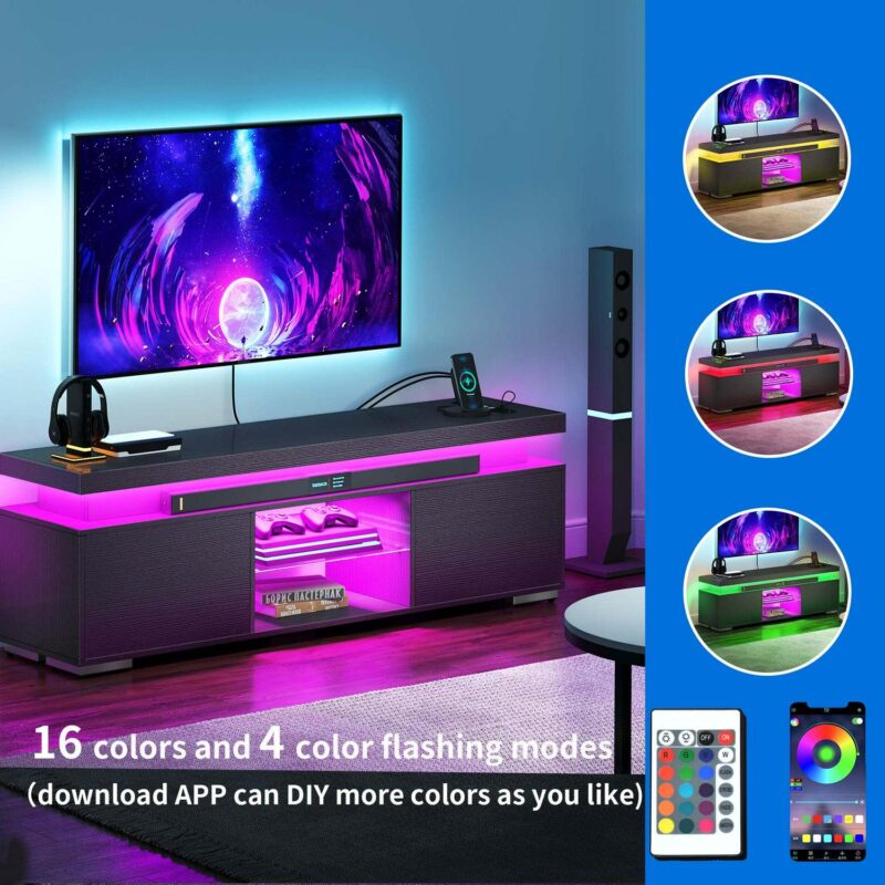 Dextrus LED TV Stand Entertainment Center with Power Outlets for 55/60/65 inch TVs, Black - Image 3