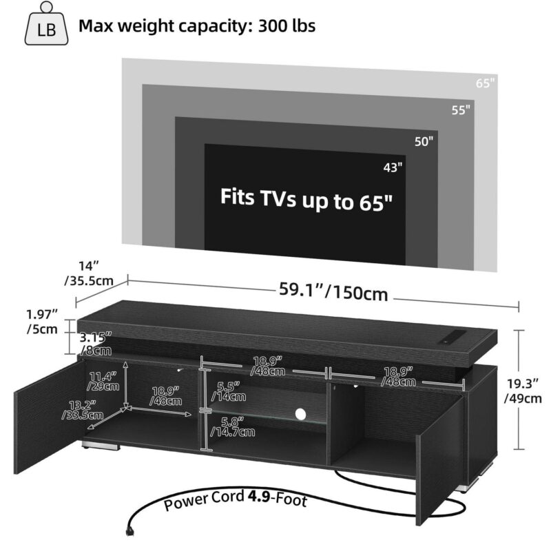 Dextrus LED TV Stand Entertainment Center with Power Outlets for 55/60/65 inch TVs, Black - Image 5