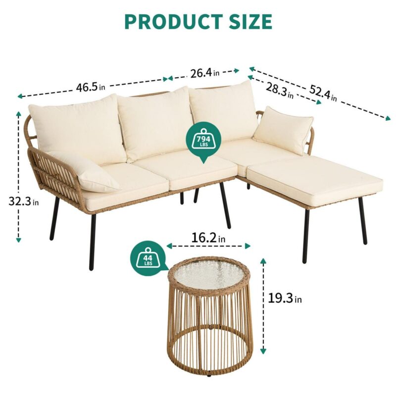 Dextrus L-Shaped Patio Sofa, All-Weather Wicker Boho Patio Conversation Set with Tempered Glass Coffee Table and Cushions, Outdoor Furniture - Image 8