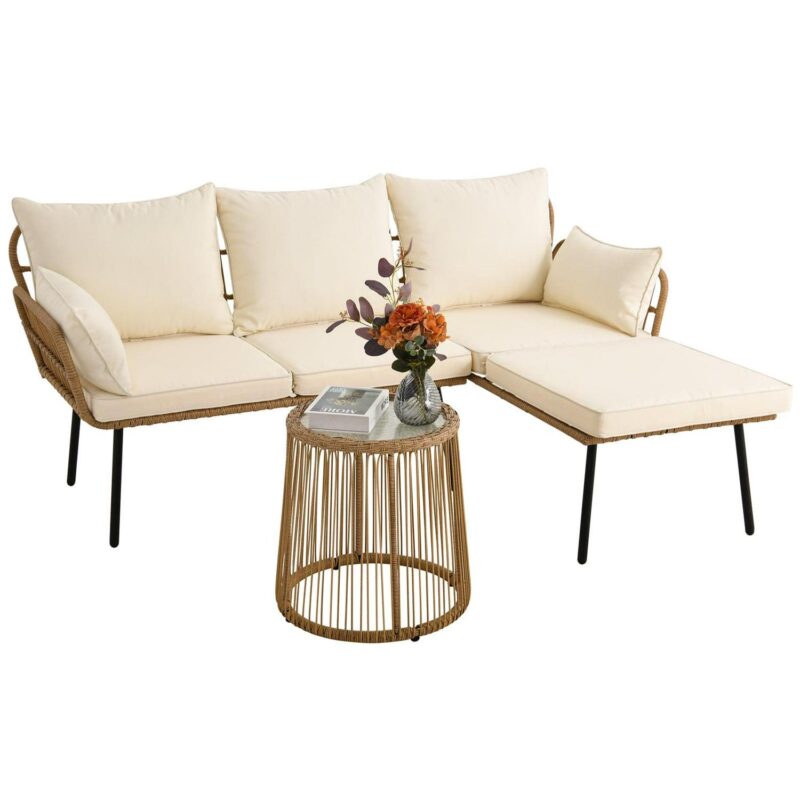 Dextrus L-Shaped Patio Sofa, All-Weather Wicker Boho Patio Conversation Set with Tempered Glass Coffee Table and Cushions, Outdoor Furniture - Image 2