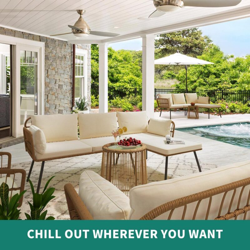 Dextrus L-Shaped Patio Sofa, All-Weather Wicker Boho Patio Conversation Set with Tempered Glass Coffee Table and Cushions, Outdoor Furniture - Image 6