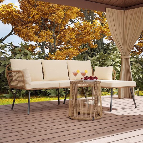 Dextrus L-Shaped Patio Sofa, All-Weather Wicker Boho Patio Conversation Set with Tempered Glass Coffee Table and Cushions, Outdoor Furniture