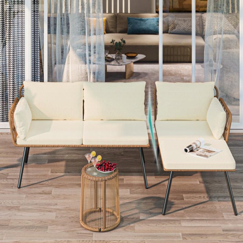 Dextrus L-Shaped Patio Sofa, All-Weather Wicker Boho Patio Conversation Set with Tempered Glass Coffee Table and Cushions, Outdoor Furniture - Image 7
