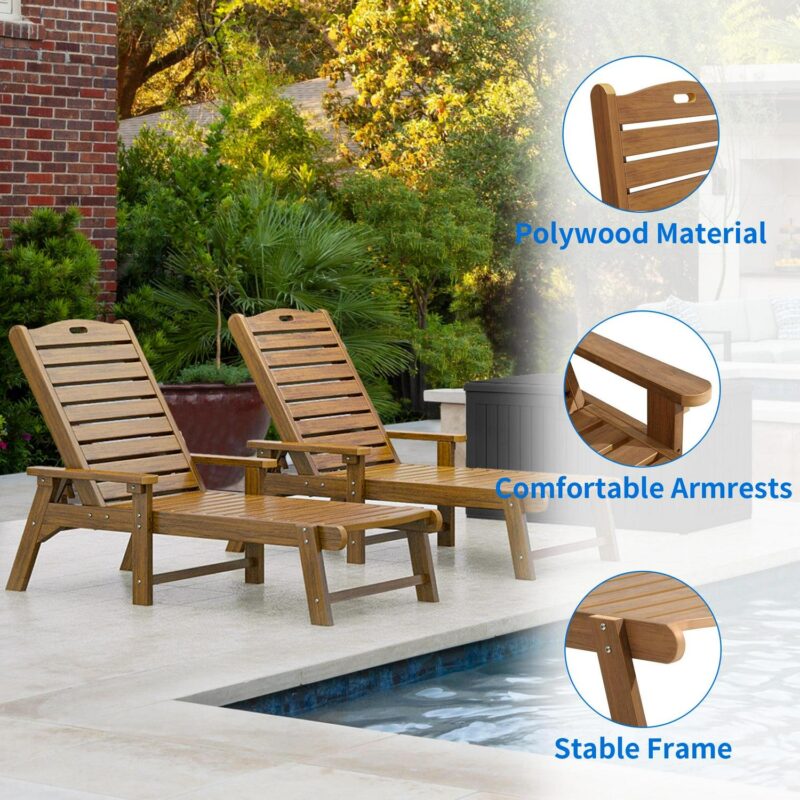 Dextrus Outdoor Chaise Lounge Chair with Wide Armrest and Adjustable Backrest, Waterproof Resin Patio Lounger with 350lbs Capacity - Image 6
