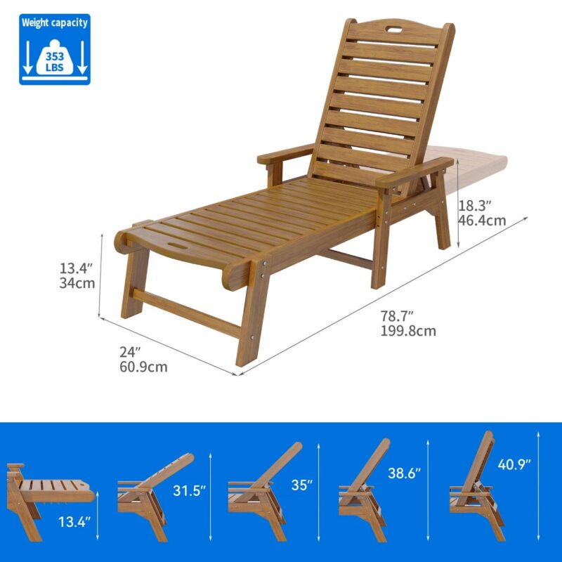 Dextrus Outdoor Chaise Lounge Chair with Wide Armrest and Adjustable Backrest, Waterproof Resin Patio Lounger with 350lbs Capacity - Image 4