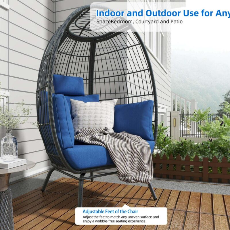 Dextrus Outdoor Egg Chair, 440lbs Capacity Wicker Patio Basket Chair, All-Weather Oversized Stationary Egg Lounger Chair - Blue - Image 8