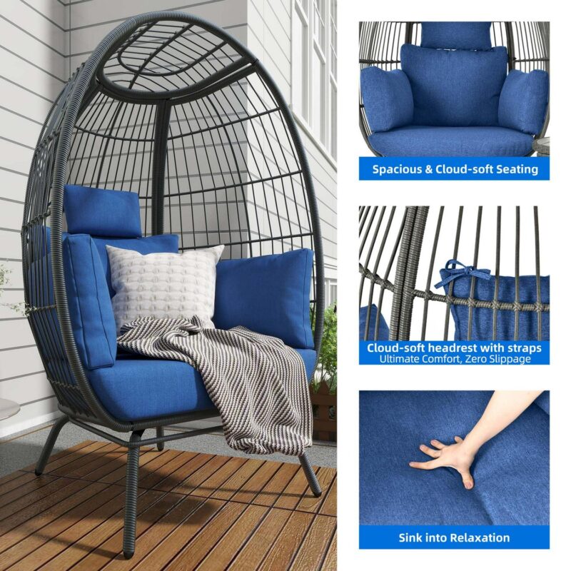 Dextrus Outdoor Egg Chair, 440lbs Capacity Wicker Patio Basket Chair, All-Weather Oversized Stationary Egg Lounger Chair - Blue - Image 7
